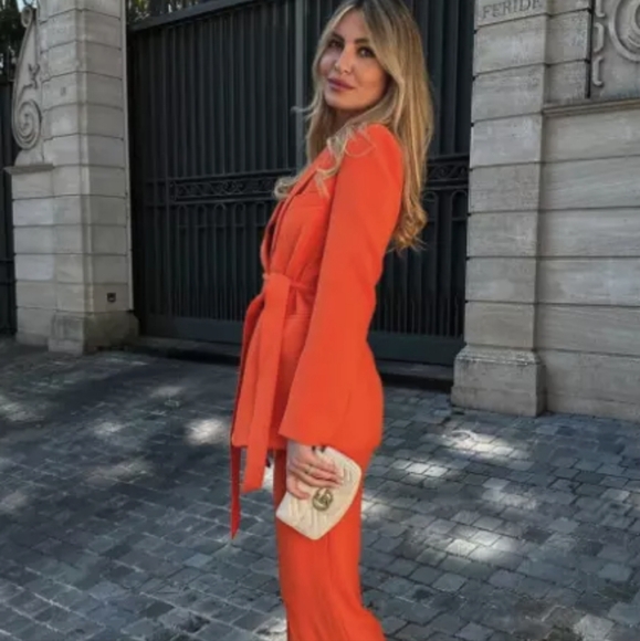 ZARA WOMEN NEW BELTED TUXEDO COLLAR BLAZER JACKET ORANGE - Picture 6 of 6